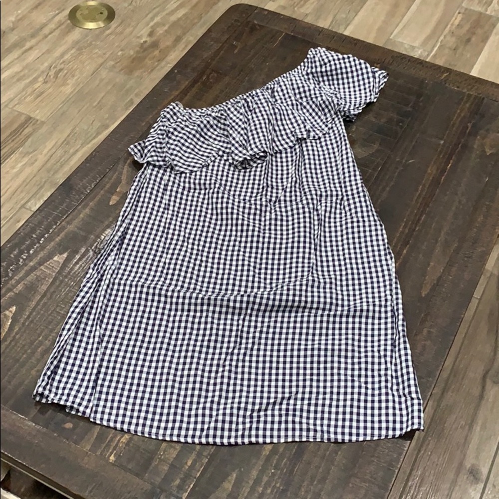 Love Fire One shoulder navy/white plaid dress